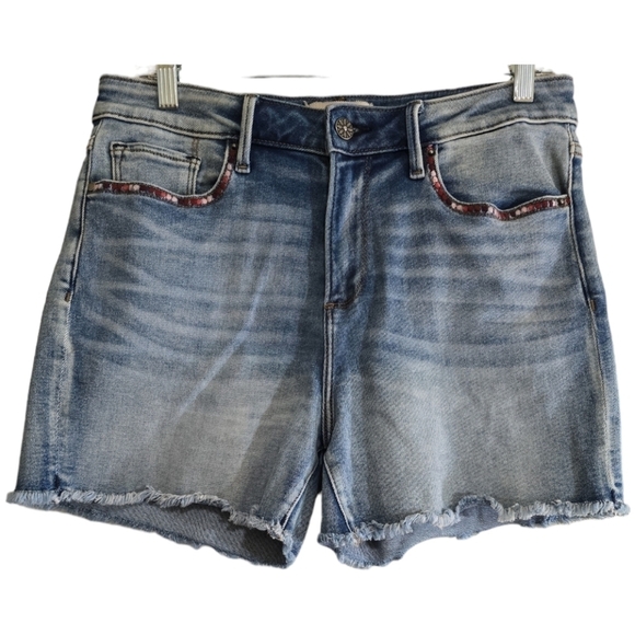 Driftwood Lulu Embroidered Pockets Denim Jean Shorts 28 Raw Hem - Picture 1 of 6
